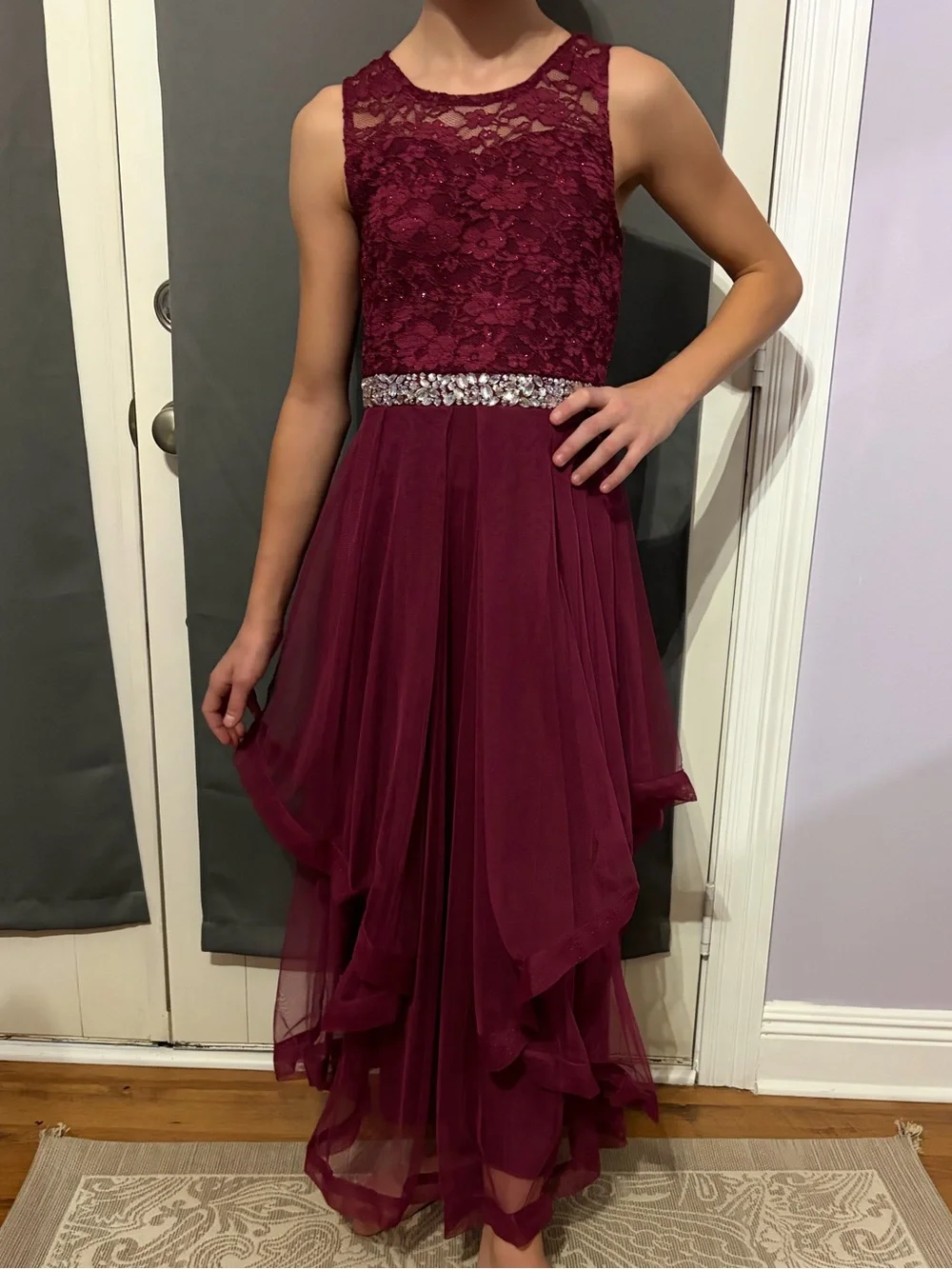 Speechless girls Burgundy Lace & Tulle High-Low formal dress sz 14